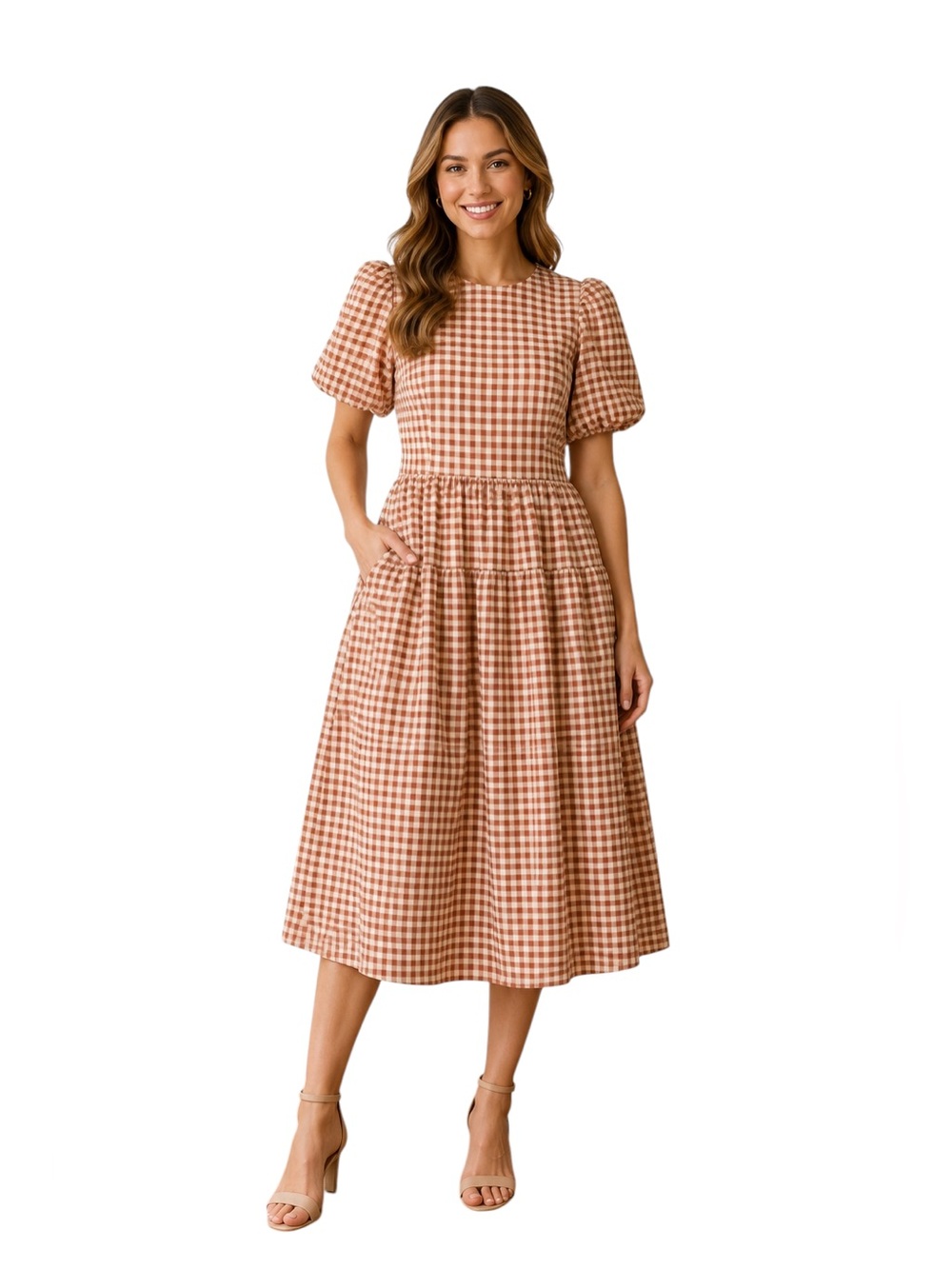 NWOT En Saison Gingham Puff Sleeve Midi Dress Size S Cottagecore Prairie Brown